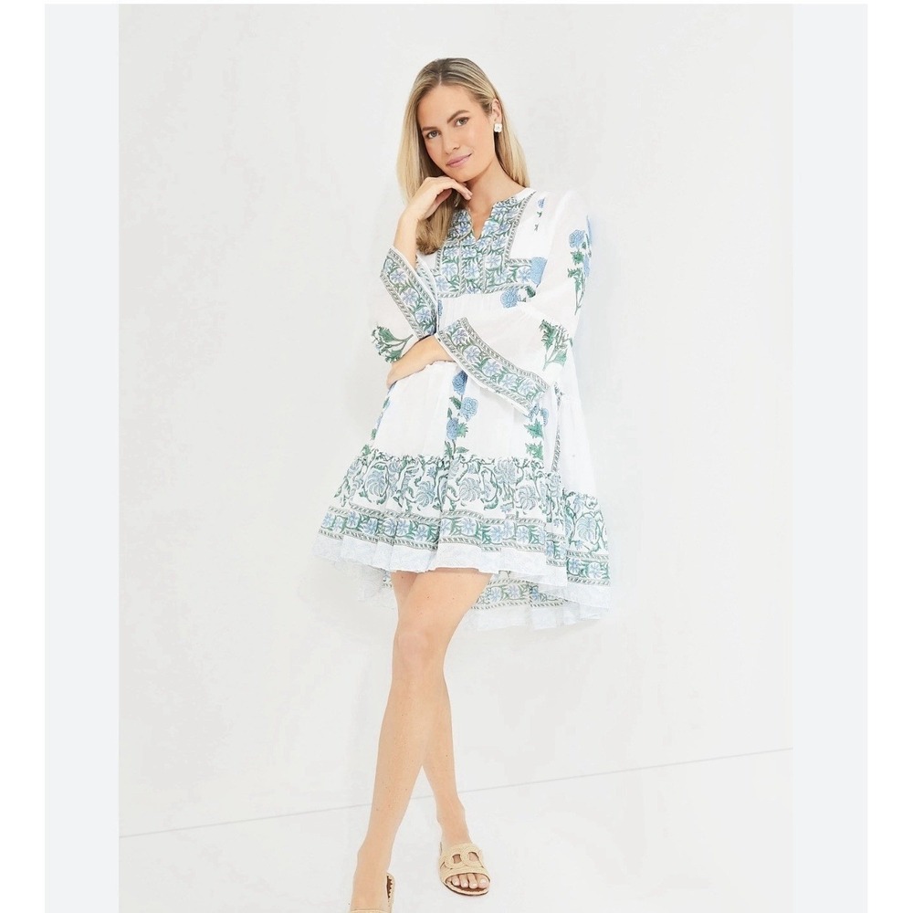 Juliet Dunn London Poppy Dress US 4/6 Tag 1 Cotton Block Print Boho Bell Sleeve